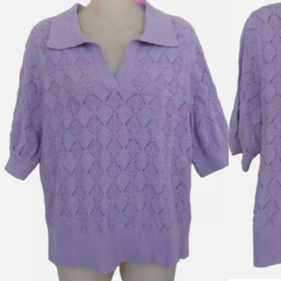 Talbots Purple Pointelle Cropped Sleeve Polo Sweater NWT - Picture 1 of 3